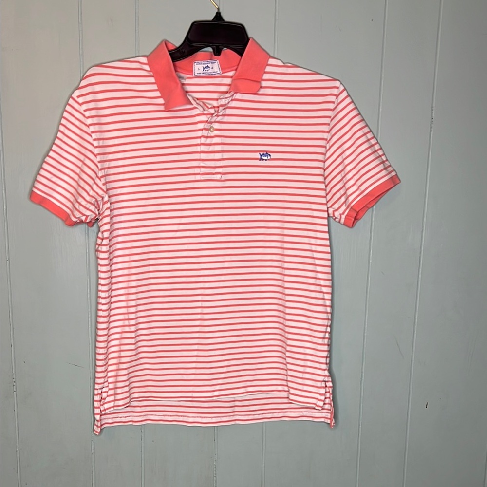 Southern Tide Pink and White Polo Shirt with Striped Pattern